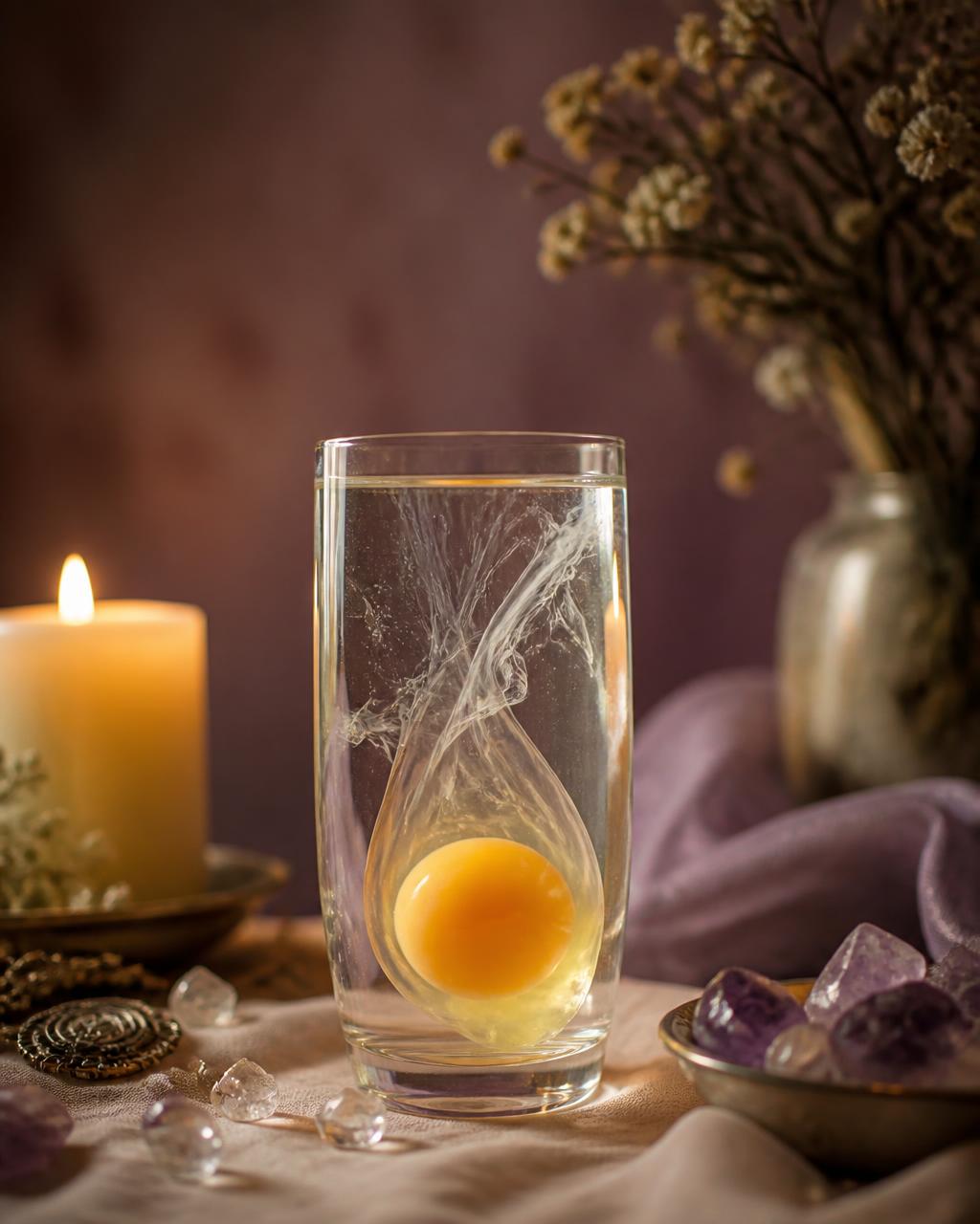 Huevo dentro de un vaso con agua iluminado por una vela